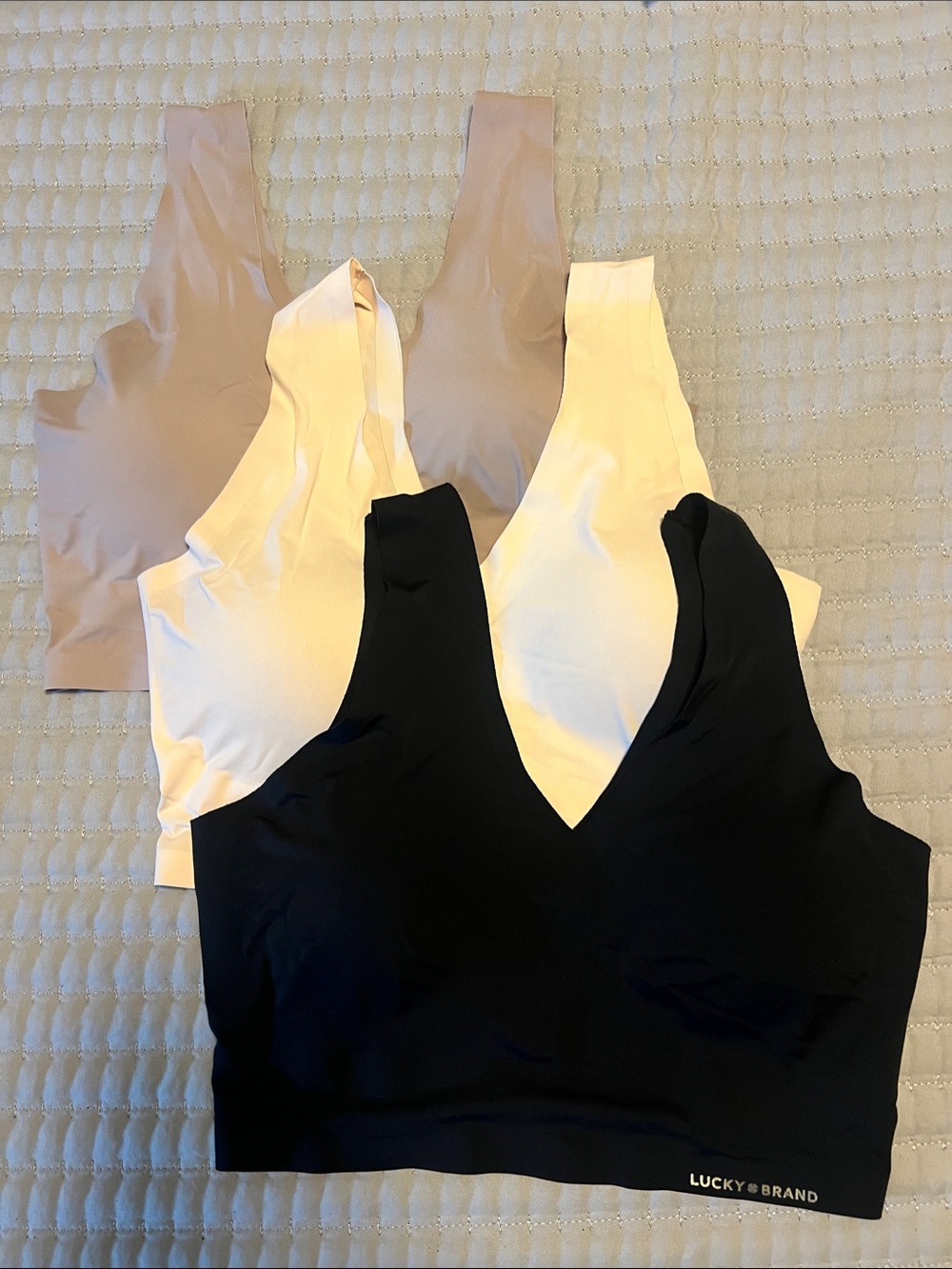 Lucky Brand V-Neck Bralette 3-Pack — Black, White, Nude